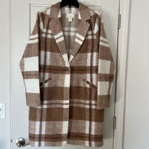 Cynthia Rowley Tan Plaid/Flannel Mid Length Coat Wool Blend w/Pockets Women’s L